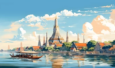 Fotobehang Scenery of Wat Arun, Bangkok, Thailand in illustrations, presentation images, travel image ideas, tourism promotion, postcards, generative AI © A_visual