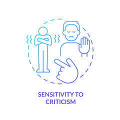 2D thin line gradient icon sensitivity to criticism concept, isolated vector, blue illustration representing codependent relationship.