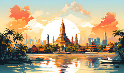 Scenery of Wat Arun, Bangkok, Thailand in illustrations, presentation images, travel image ideas, tourism promotion, postcards, generative AI