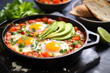 shakshuka with avocado slices on top in a grey clay dish