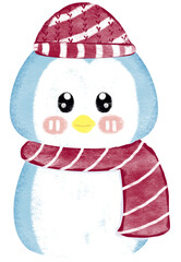Blue penguin wearing a red hat and scarf