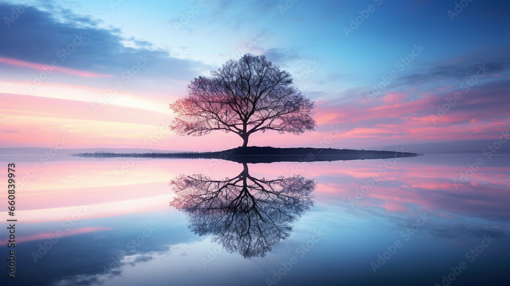 Sticker the aesthetics of reflection, a seaside tree. copy space - generative ai