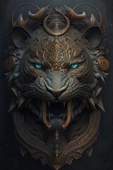 The tiger has piercing blue eyes and a fierce expression on its face. The crown is adorned with precious gems, and the tiger's fur is sleek and well-groomed.