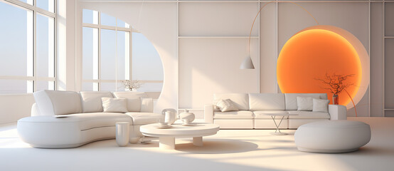 Modern living room with white furniture, in the style of light orange, rounded, minimalist still life