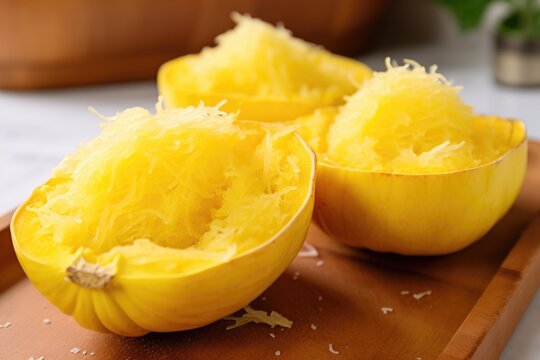 spaghetti squash strands in a hollowed-out squash half