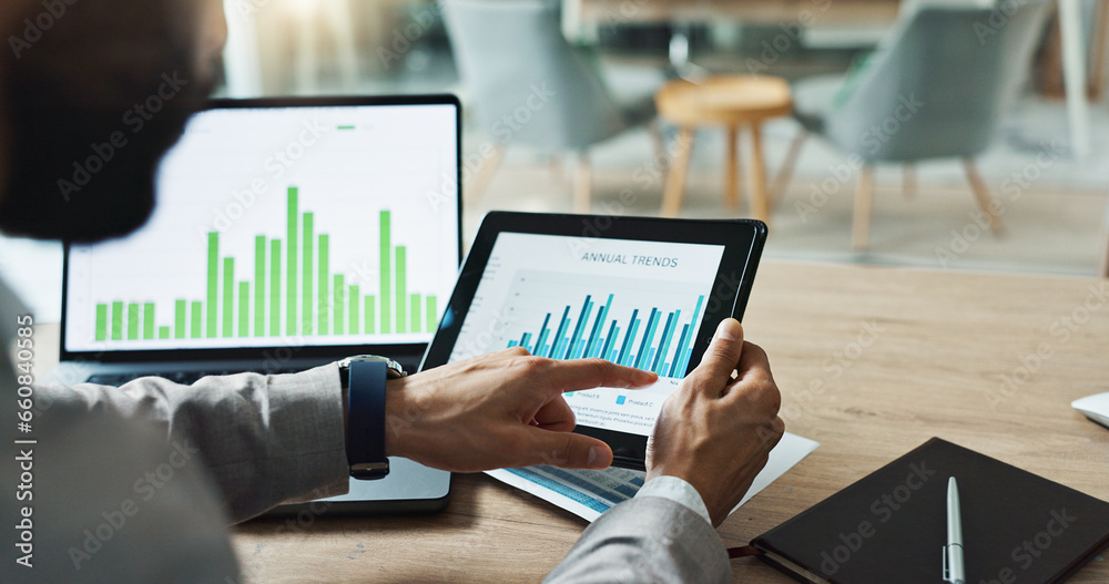 Poster hands, laptop and chart with tablet for business man, analysis or check progress of economy, investm
