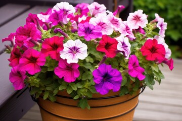 a bucket filled with bright, blooming petunias