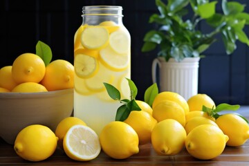 bright lemons stacked beside a jar of ice-cold lemonade