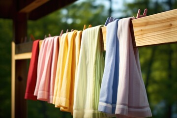 freshly washed kitchen towels on a clothesline