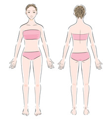 水着を着た女性の全身カラーイラスト2　正面と背面