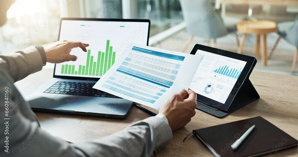Poster hands, laptop and chart with paper for business man, analysis or check progress of economy, investme