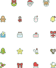 Fototapeta premium クリスマス アイコン ピクトグラム あしらい 絵文字 シンプル 線 かわいい ミニイラスト素材セット