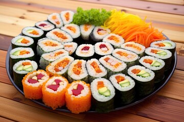 a plate with a variety of sushi rolls on a bamboo mat