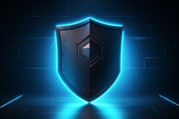 Symbolic shield for protecting and defending cyber and data security. Wide, banner-like digital web guards information. Generative AI - obrazy, fototapety, plakaty
