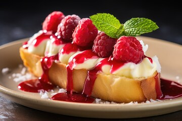bruschetta smeared with white chocolate, topped with a raspberry