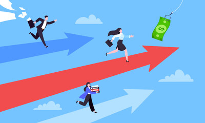 Fototapeta premium Business career competition with man and woman business persons running flat style design vector illustration concept. Leadership race employee competition with achieving success award.