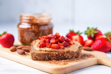 almond butter with strawberries on a toasted bread slice