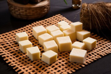 manchego cheese cut into cubes on a woven mat