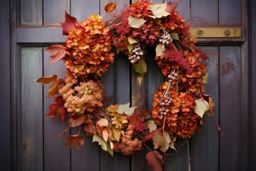A wreath of dry hydrangea and autumn leaves on a shabby front door. Thanksgiving decor.