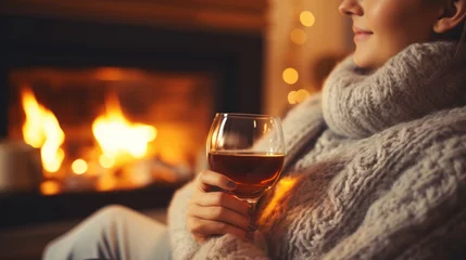 Foto op Plexiglas A woman in a sweater holds a glass of wine while sitting by the fireplace. Christmas atmosphere. © July P