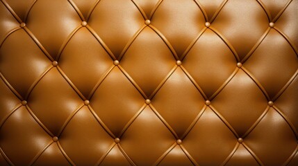 Close-up of genuine leather texture in gold upholstery with intricate brown rhombic stitching, presenting a luxurious background.