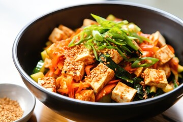 kimchi mixed with sliced tofu in a salad
