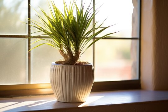 a potted yucca plant in front of a sunlit window