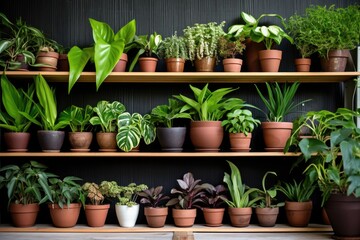 Fototapeta na wymiar an array of different sized potted plants on wooden shelves