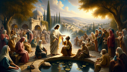 Fototapeta na wymiar The Miracle of Sight: Jesus heals the Blind Man at the Pool of Siloam in Jerusalem.