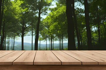 Empty wooden table with natural green background for product display