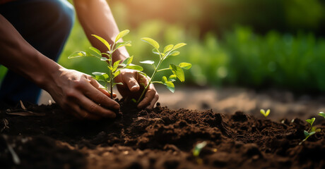 Person plants young tree or plant in the ground, focus on hands - theme of environmental protection, reforestation and climate change. - obrazy, fototapety, plakaty