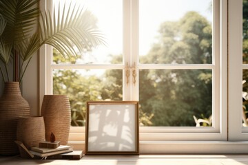 A blank white picture frame sits on the window sill with a plant next to it.