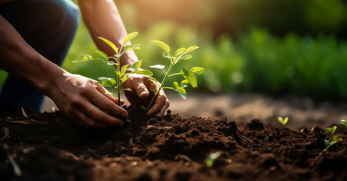 Person plants young tree or plant in the ground, focus on hands - theme of environmental protection, reforestation and climate change.