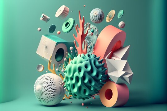 A world of 3D objects related to podcast and web design exploding in neomorphism shapes are also floating around ultra detailed ultra realism white background saturated colors 