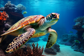 Fototapeta premium Turtle underwater, hidden in Sand and coral