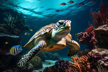 Obraz na płótnie Canvas Turtle underwater, hidden in Sand and coral