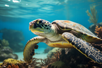 Naklejka na ściany i meble Turtle underwater, hidden in Sand and coral