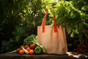 Sustainable bag filled with organic produce and eco-friendly items. Generative AI