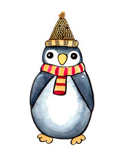 Drawing penguin in hat and scarf. Isolated on white background. Children illustration. Watercolor and black outline. Light gray color of penguin. Orange beak, paws, cap. Red and orange striped scarf.