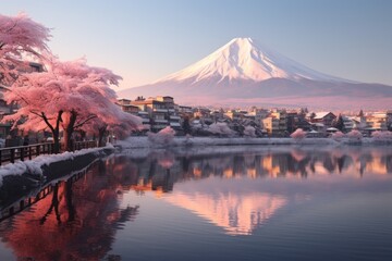 Fototapeta na wymiar Beautiful Fuji mountain and cherry blossoms in Japan spring season. Created with Generative AI