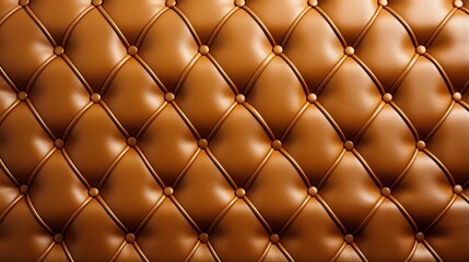 Gold leather upholstery with a close-up texture of genuine leather featuring brown rhombic stitching, creating a luxurious background.
