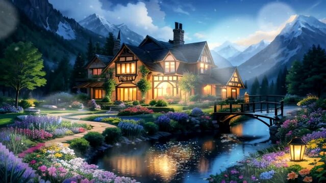 Fantasy view of beautiful house with snowfall in mountain valley. Rural fantasy landscape background. Seamless looping video animation virtual background