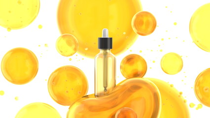 Bottle natural yellow oil, beauty health medicine , background, liquid cosmetic oil. Glass Bottle,...