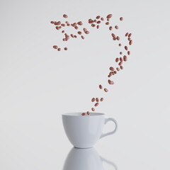 Coffee mug on a wet table, coffee beans falling inside the mug on a white background. Caffeine espresso drink. 3d render