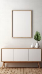 Fototapeta na wymiar Minimalist Frame and Wooden Console with Silhouette Lighting