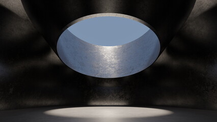 Abstract podium sunlight in a dark room, round hole in the ceiling, steel metal walls. 3d render