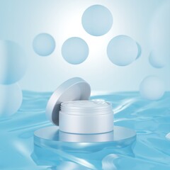 White Cream serum for the face in a jar on a wet blue background in water, skin care. Natural cosmetics, moisturizing. 3d render
