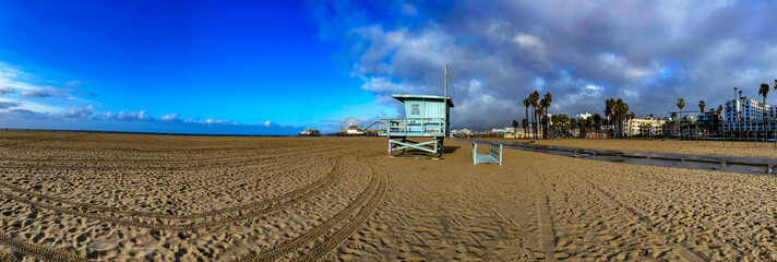 Panoramic view of the famous beach and Californian lifeguard house of Santa Monica, this is a very...
