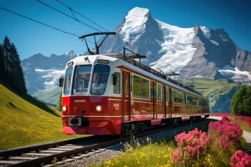 Obraz premium Train passing through winter mountains covered with snow against sky. Created with Generative AI