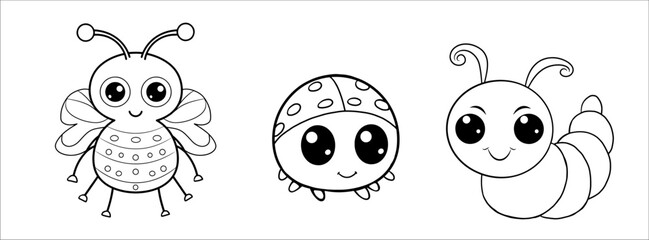 Cute funny beetle, worm and bee for coloring. Vector template for a coloring book with funny animals. Colouring page for kids.	